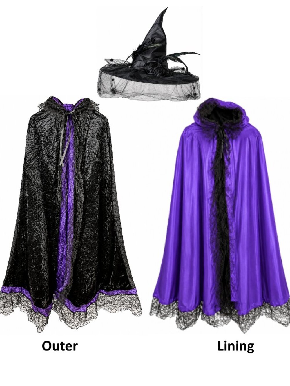 Witch Costume Cape Hat Set Adult Black Purple Velvet Lace Gothic Halloween